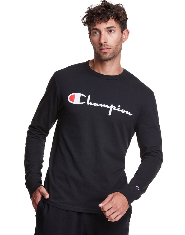 Champion Long-Sleeve Lightweight Script Logo Erkek Tişört Siyah ( CJWTDU902 )